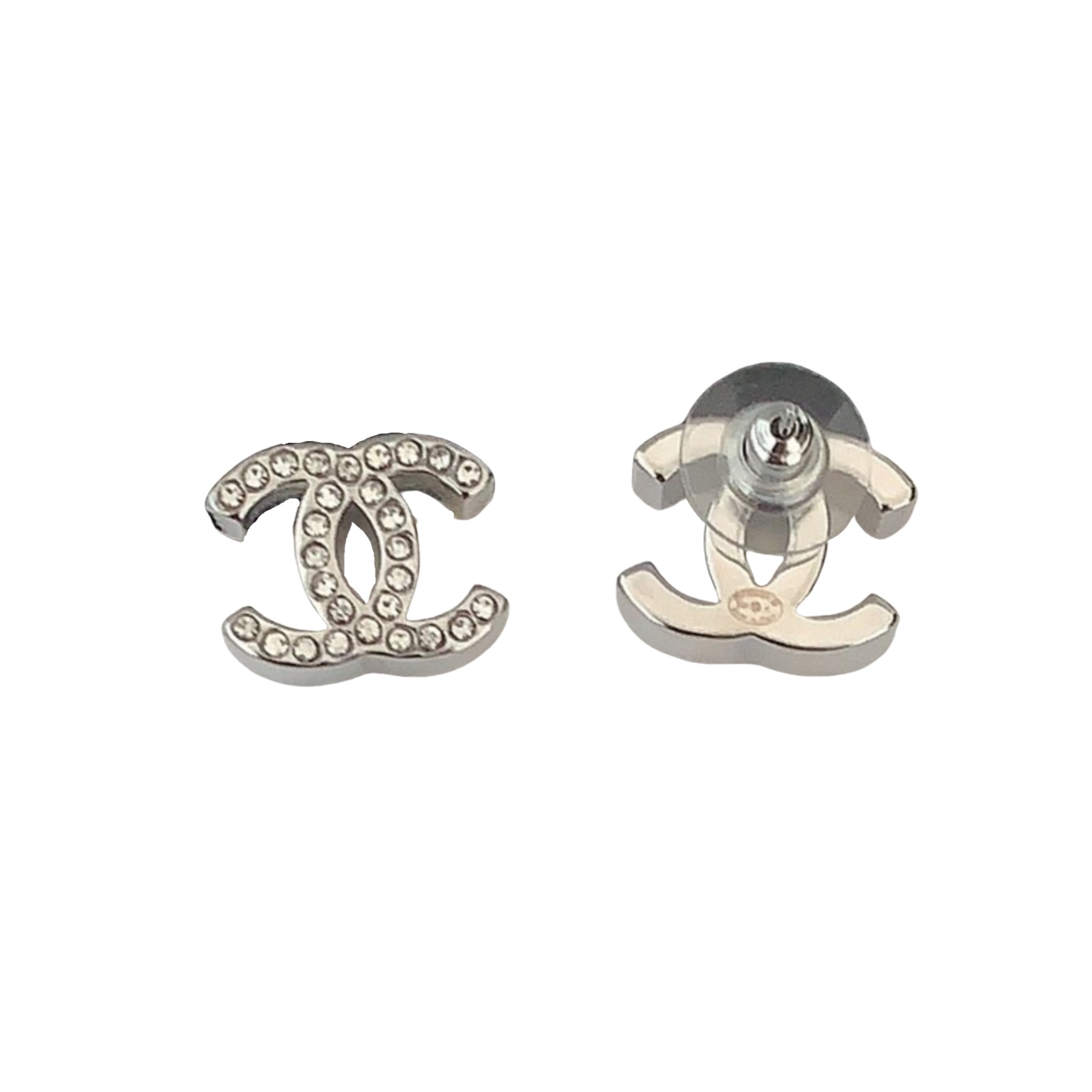 CCE066 Chanel white gold full crystal cc stud earrings - ccjewelryacc