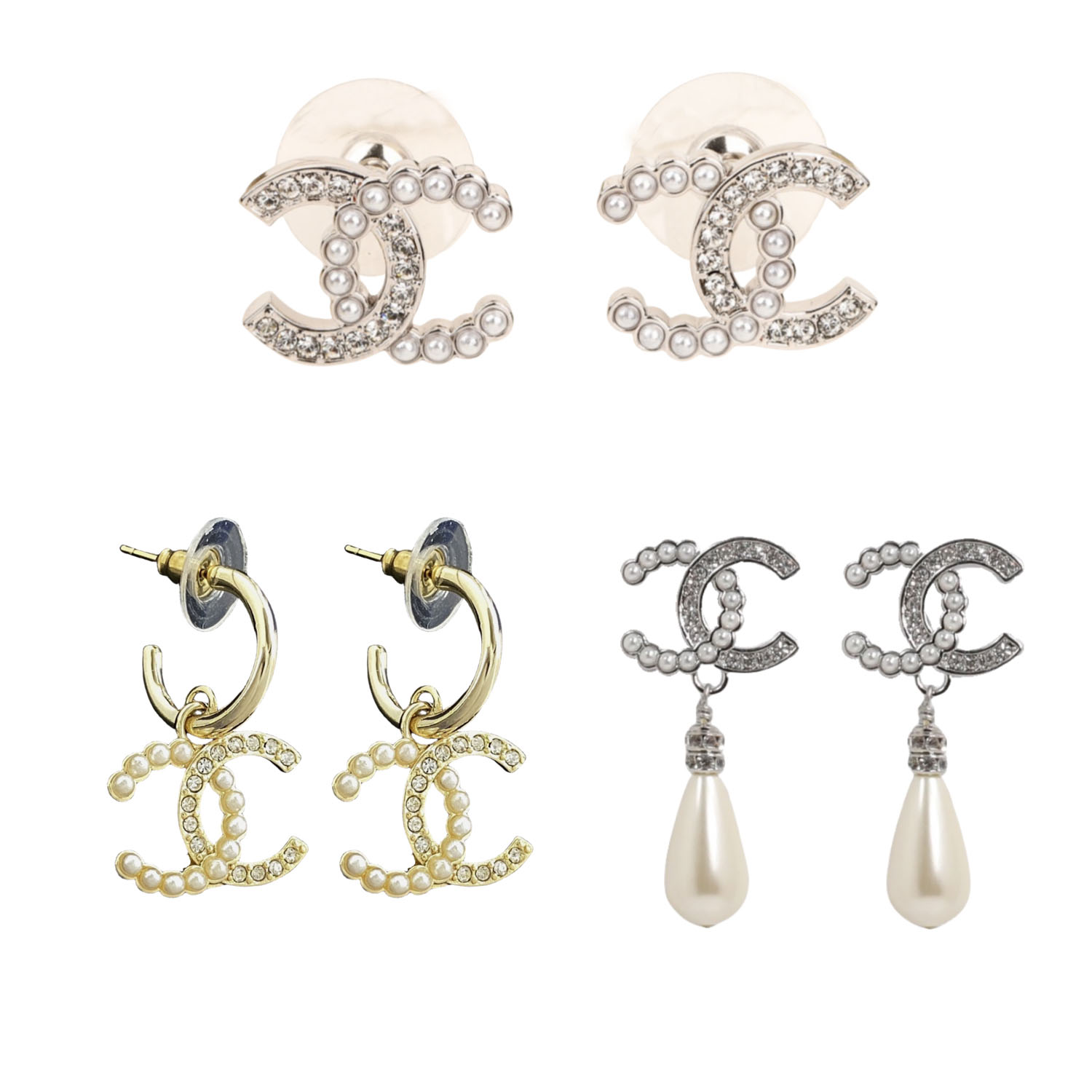CCE554 Chanel 24s pearl and crystal cc logo stud earrings - ccjewelryacc