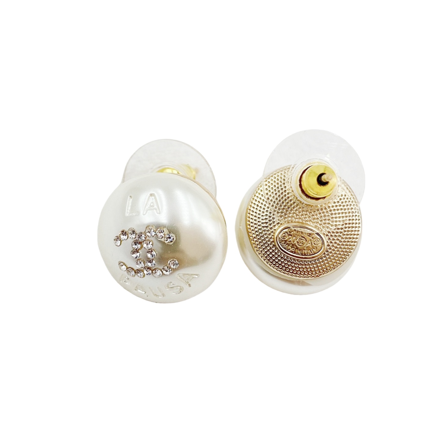 CCE810 Round Pearl with crystal CC Logo stud earrings - ccfashionjewelry