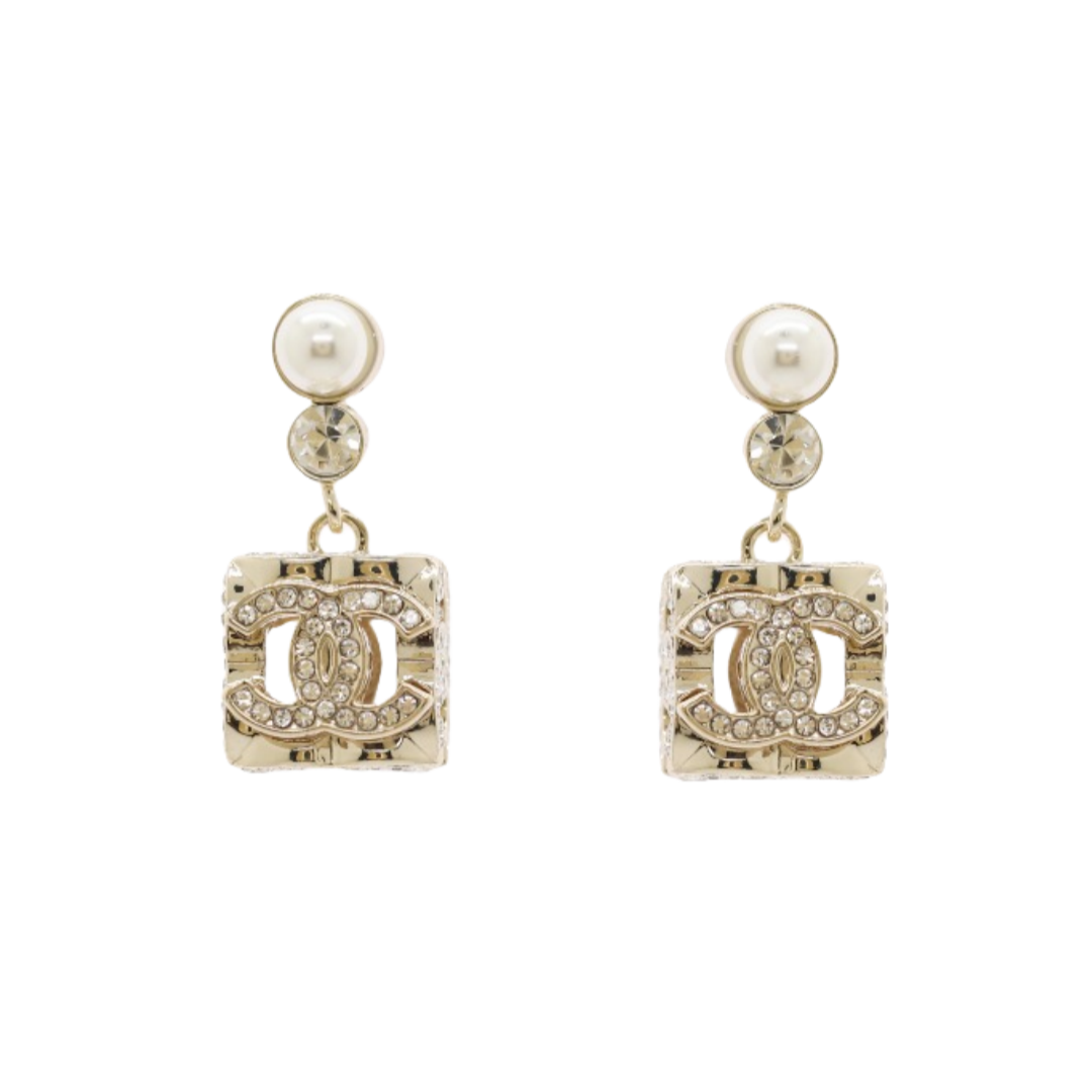 CCE096 Chanel Pearl hollow block rhinestone pendant earrings - ccfashionjewelry