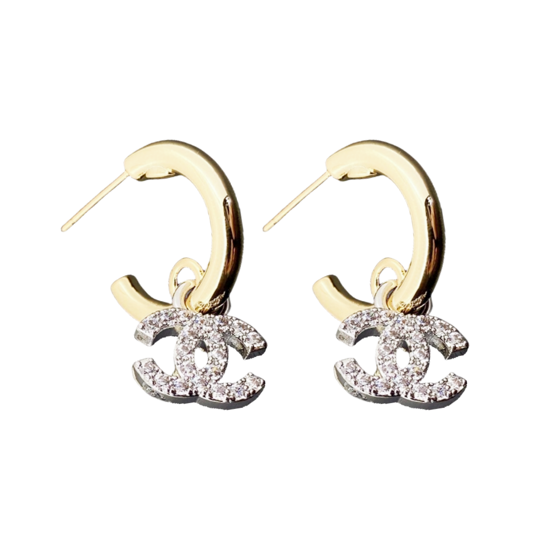 CCE246 Chanel Gold Silver color with crystal cc hook earrings - ccfashionjewelry