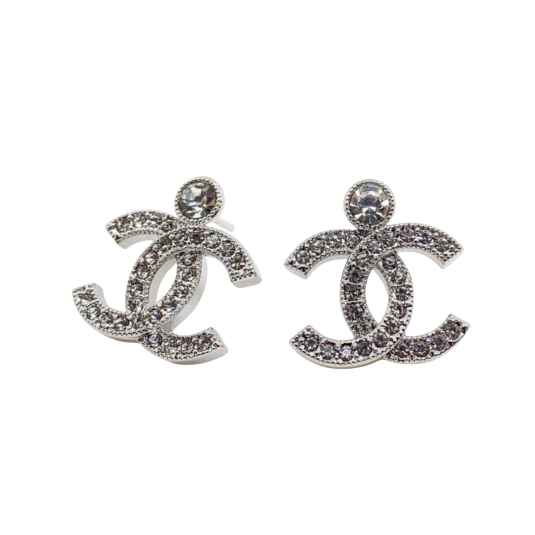 CCE412 Chanel full crystal cc logo stud earring silver - ccfashionjewelry