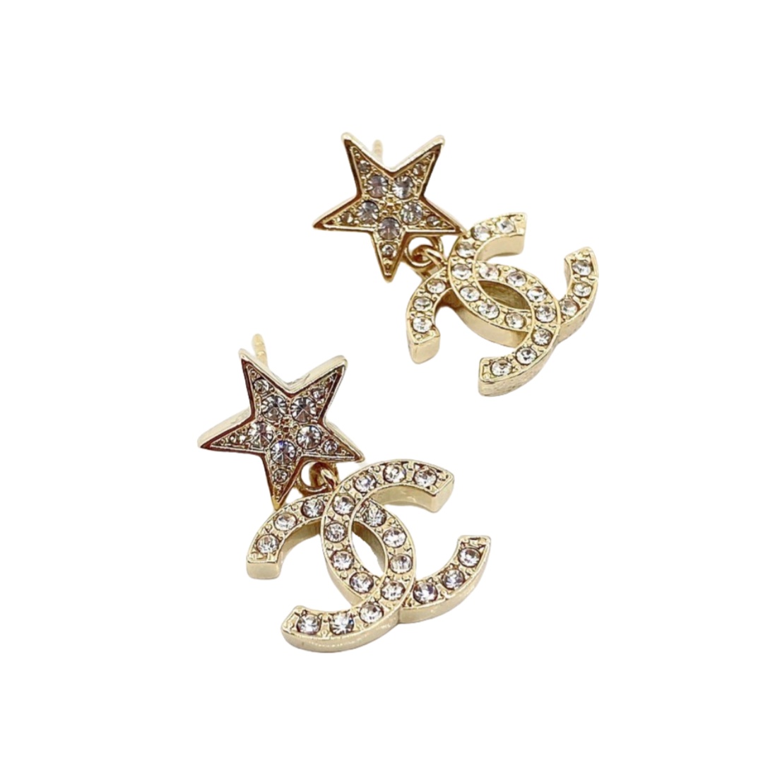 CCE075 Chanel full crystal Star and CC logo drop earring - ccjewelryacc
