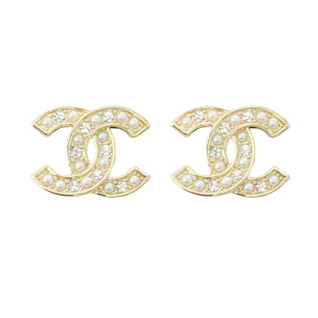 CCE390 Chanel crystal and pearl cc stud earrings - ccjewelryacc