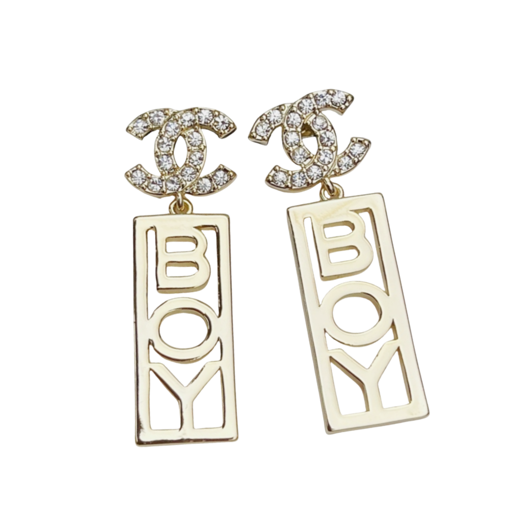 CCE072 Chanel crystal cc logo with Boy tag drop earrings - ccjewelryacc