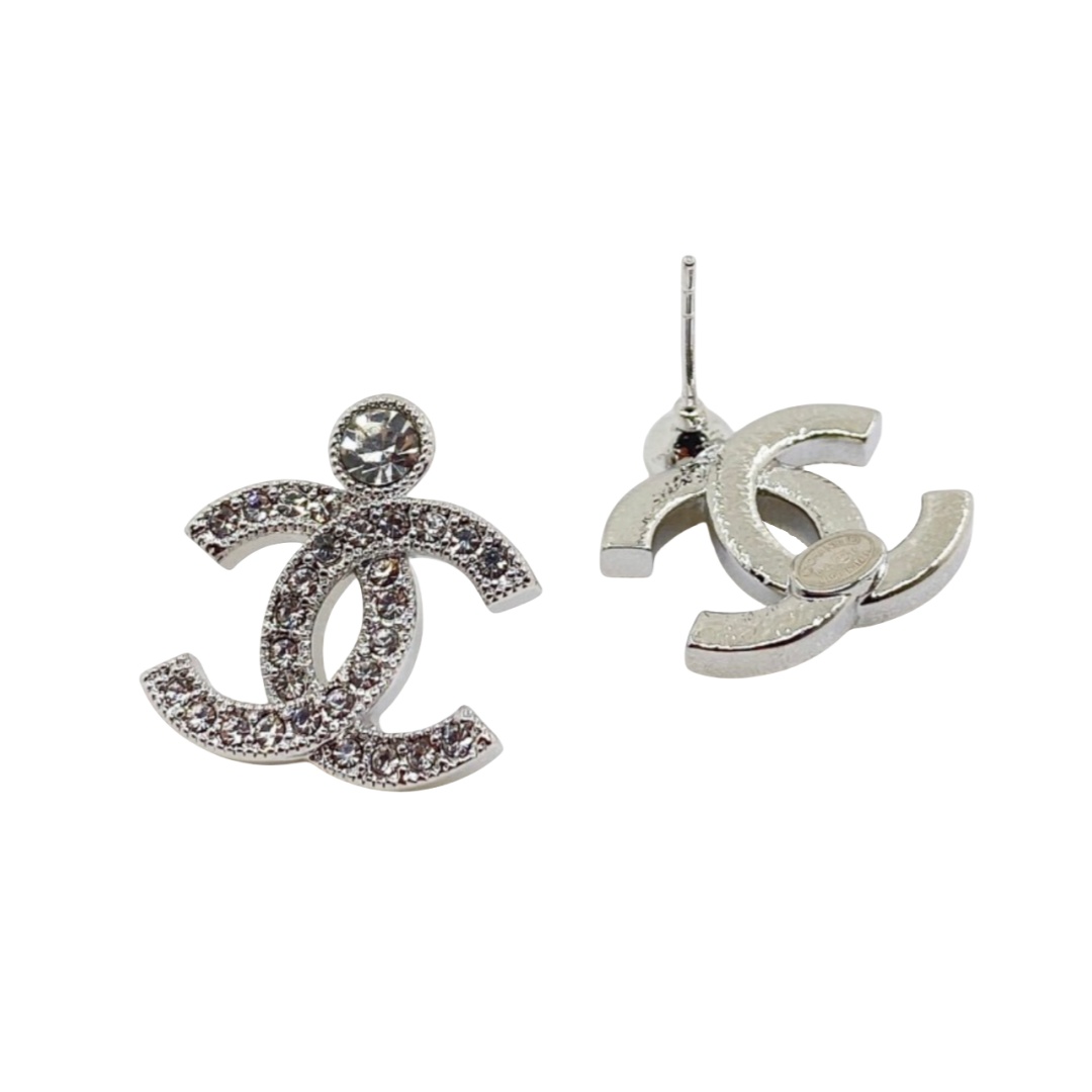 CCE412 Chanel full crystal cc logo stud earring silver - ccfashionjewelry