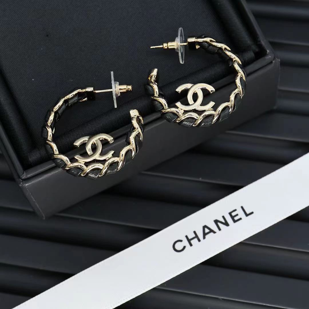 CCE003 Metal and leather classical Double c cc logo stud earring - ccjewelryacc