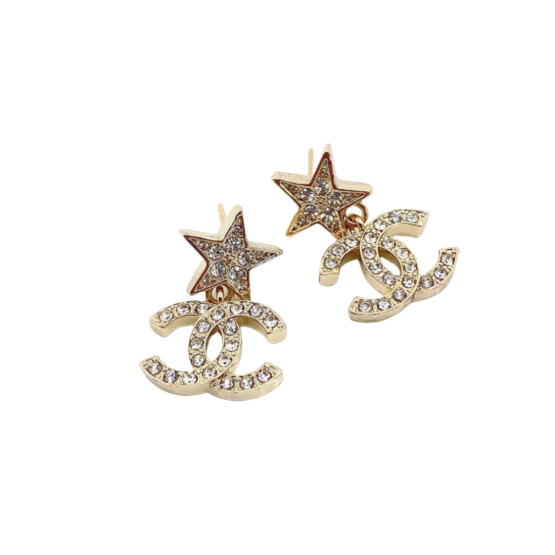 CCE075 Chanel full crystal Star and CC logo drop earring - ccjewelryacc