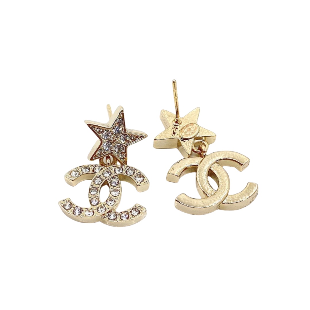 CCE075 Chanel full crystal Star and CC logo drop earring - ccjewelryacc