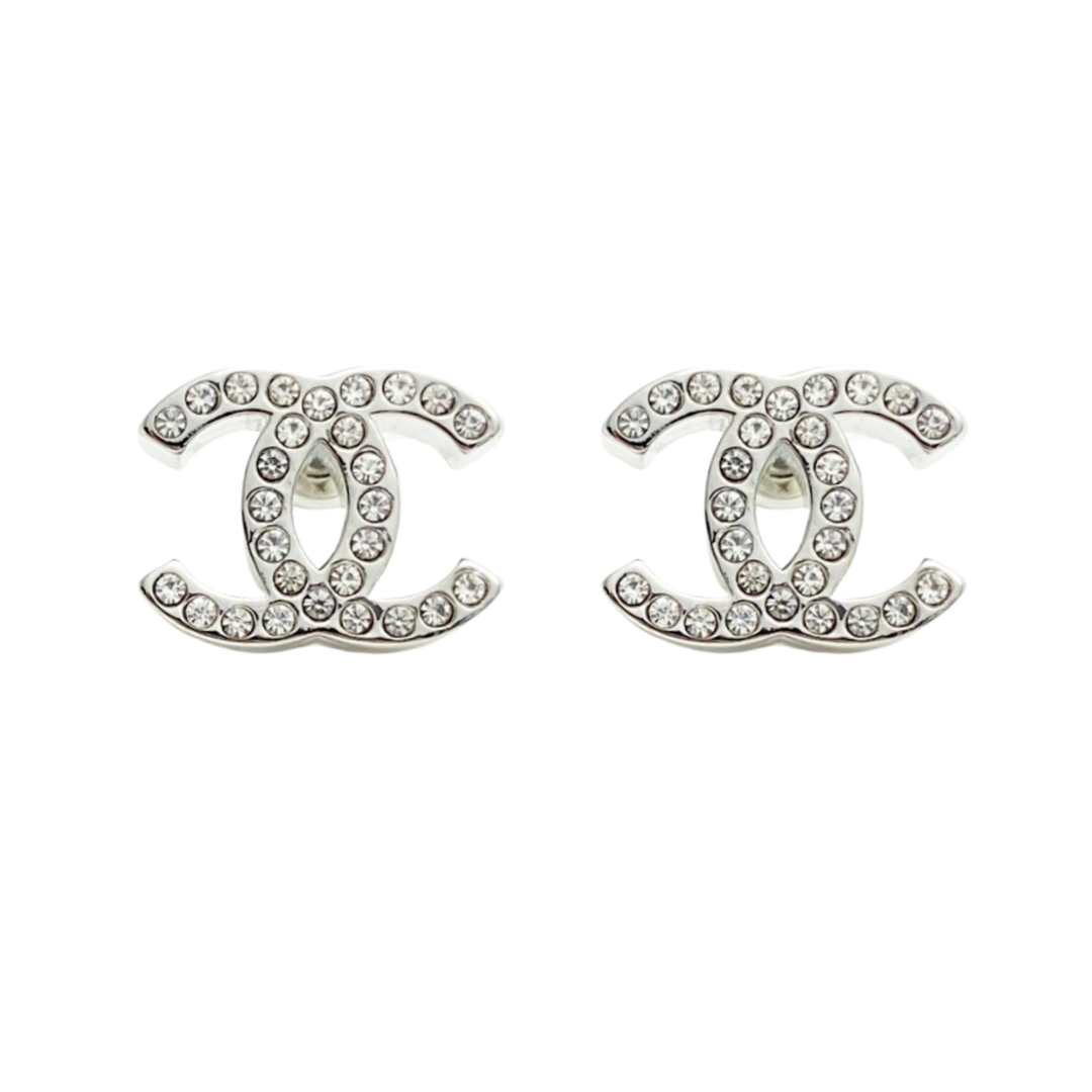 CCE066 Chanel white gold full crystal cc stud earrings - ccfashionjewelry