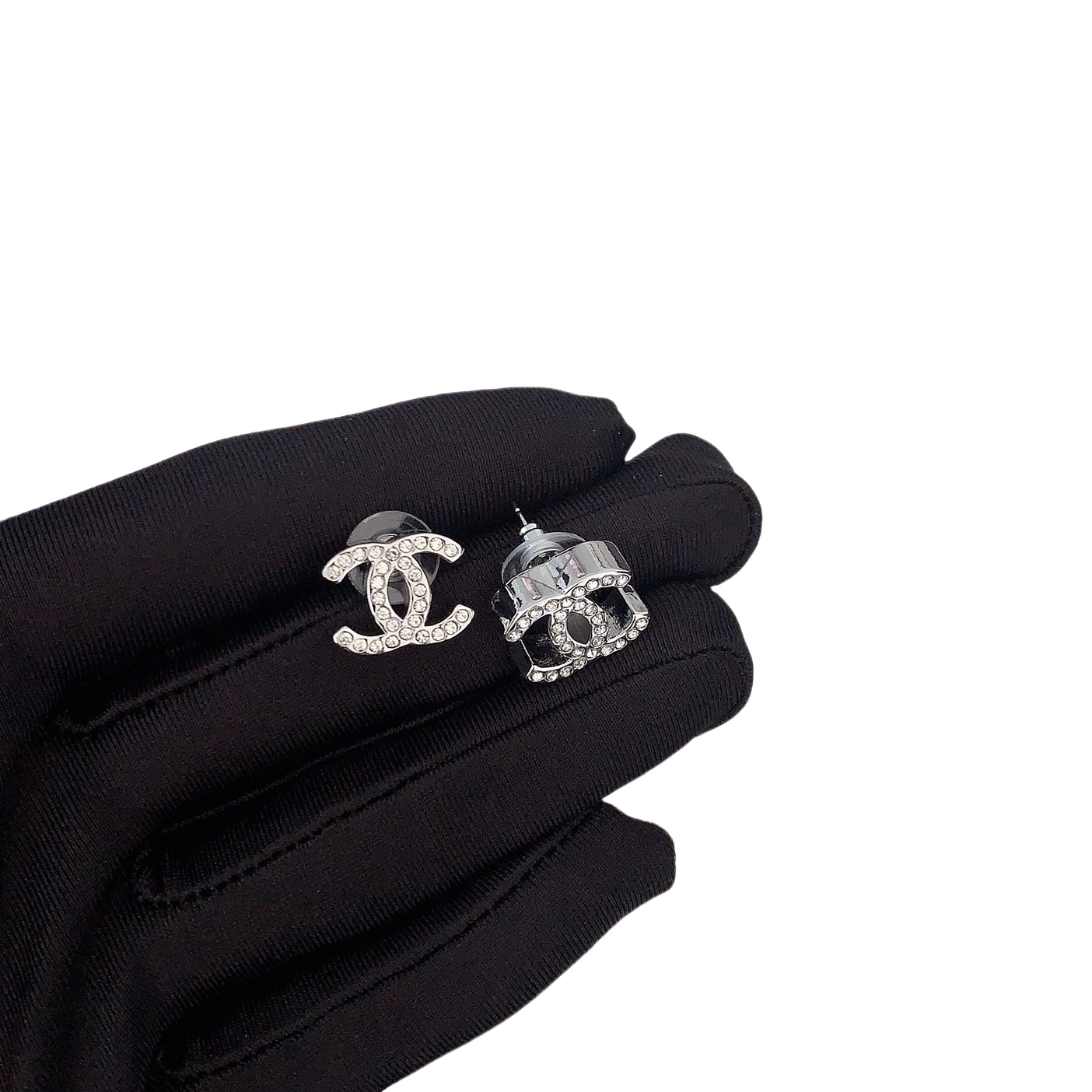 CCE066 Chanel white gold full crystal cc stud earrings - ccfashionjewelry
