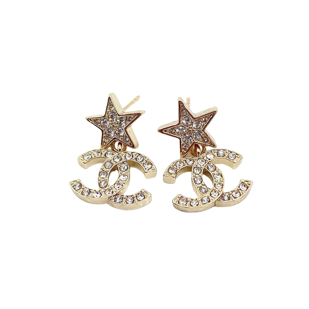 CCE075 Chanel full crystal Star and CC logo drop earring - ccjewelryacc