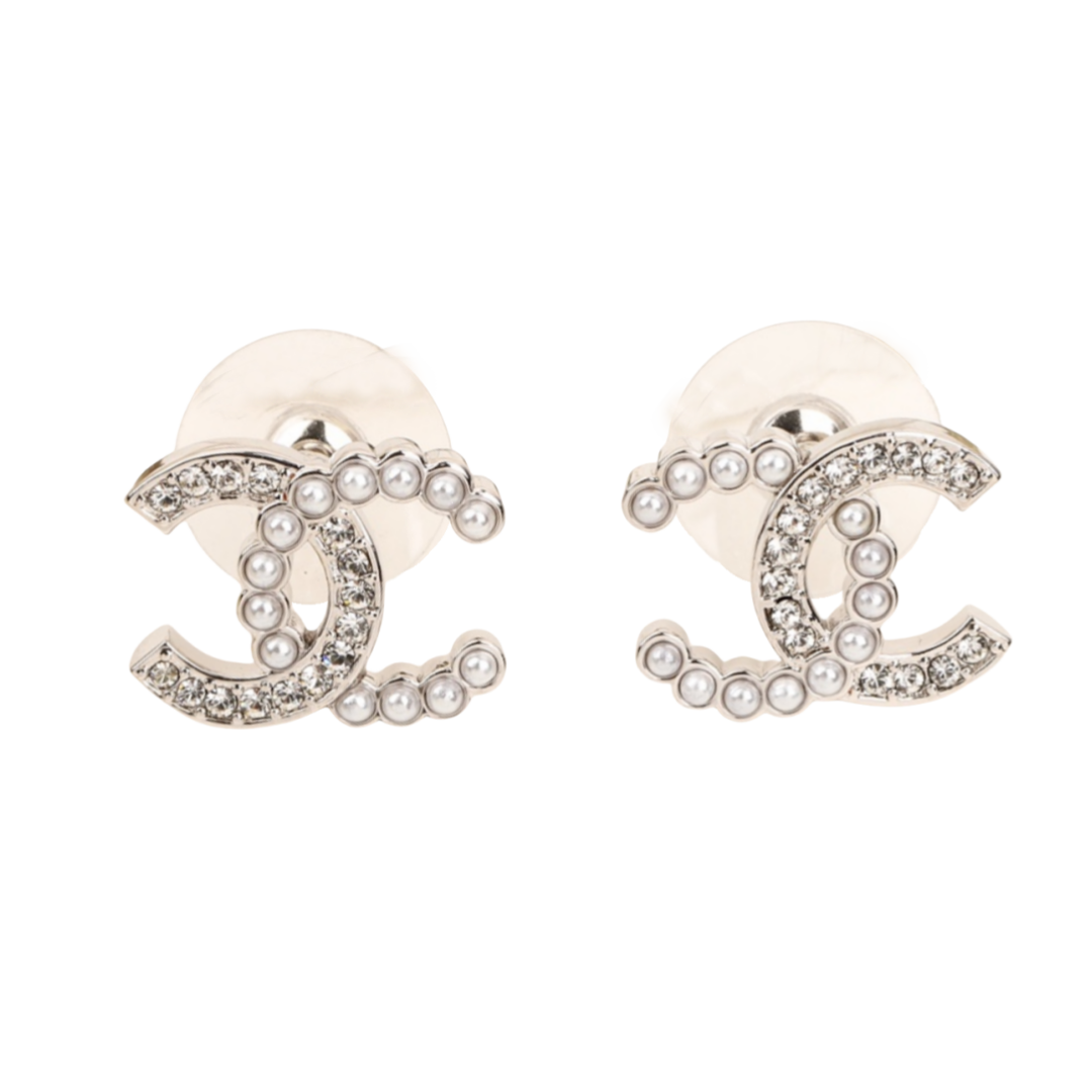 CCE554 Chanel 24s pearl and crystal cc logo stud earrings - ccjewelryacc