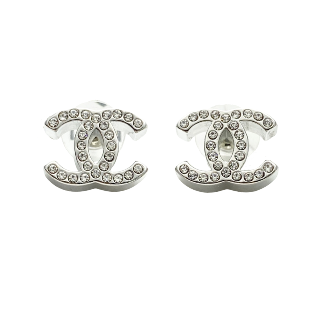 CCE066 Chanel white gold full crystal cc stud earrings - ccjewelryacc