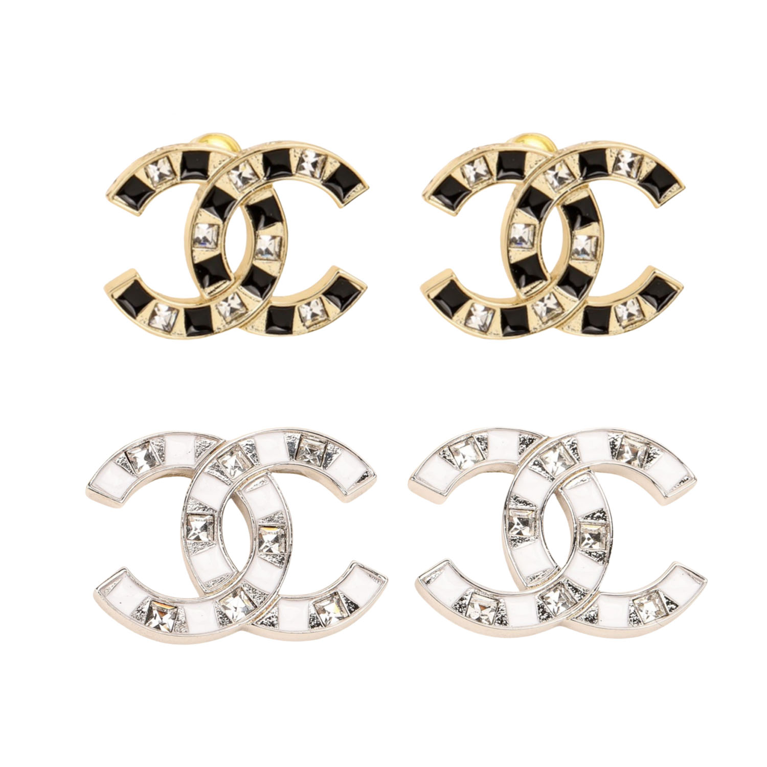 CCE076 Chanel black and white square crystal cc logo stud earrings - ccjewelryacc