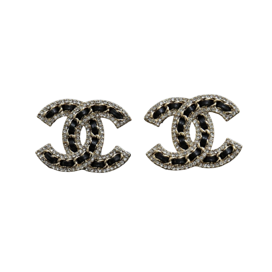 CCE082 Chanel metal leather crystal CC logo earrings - ccfashionjewelry