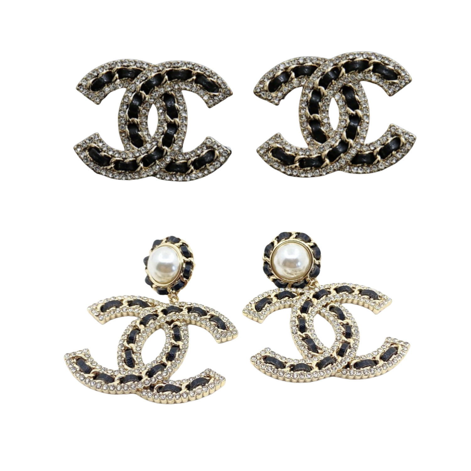 CCE082 Chanel metal leather crystal CC logo earrings - ccfashionjewelry