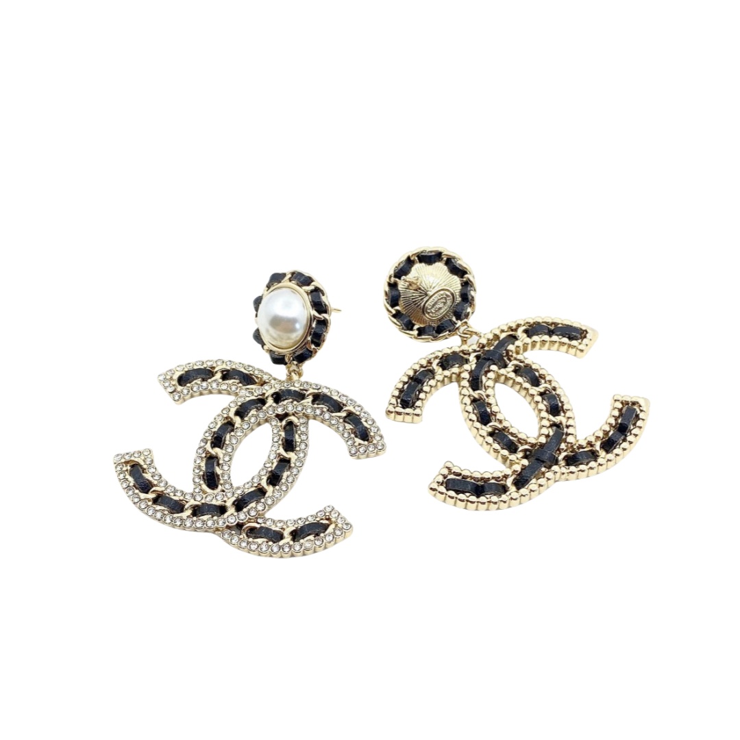 CCE082 Chanel metal leather crystal CC logo earrings - ccjewelryacc
