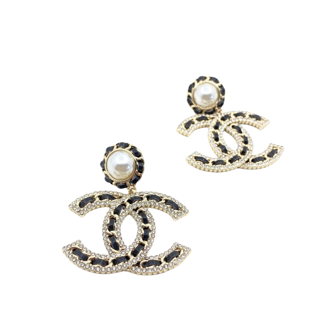 CCE082 Chanel metal leather crystal CC logo earrings - ccjewelryacc