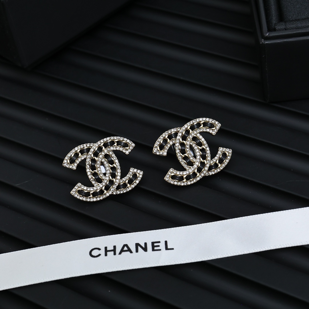 CCE082 Chanel metal leather crystal CC logo earrings - ccjewelryacc