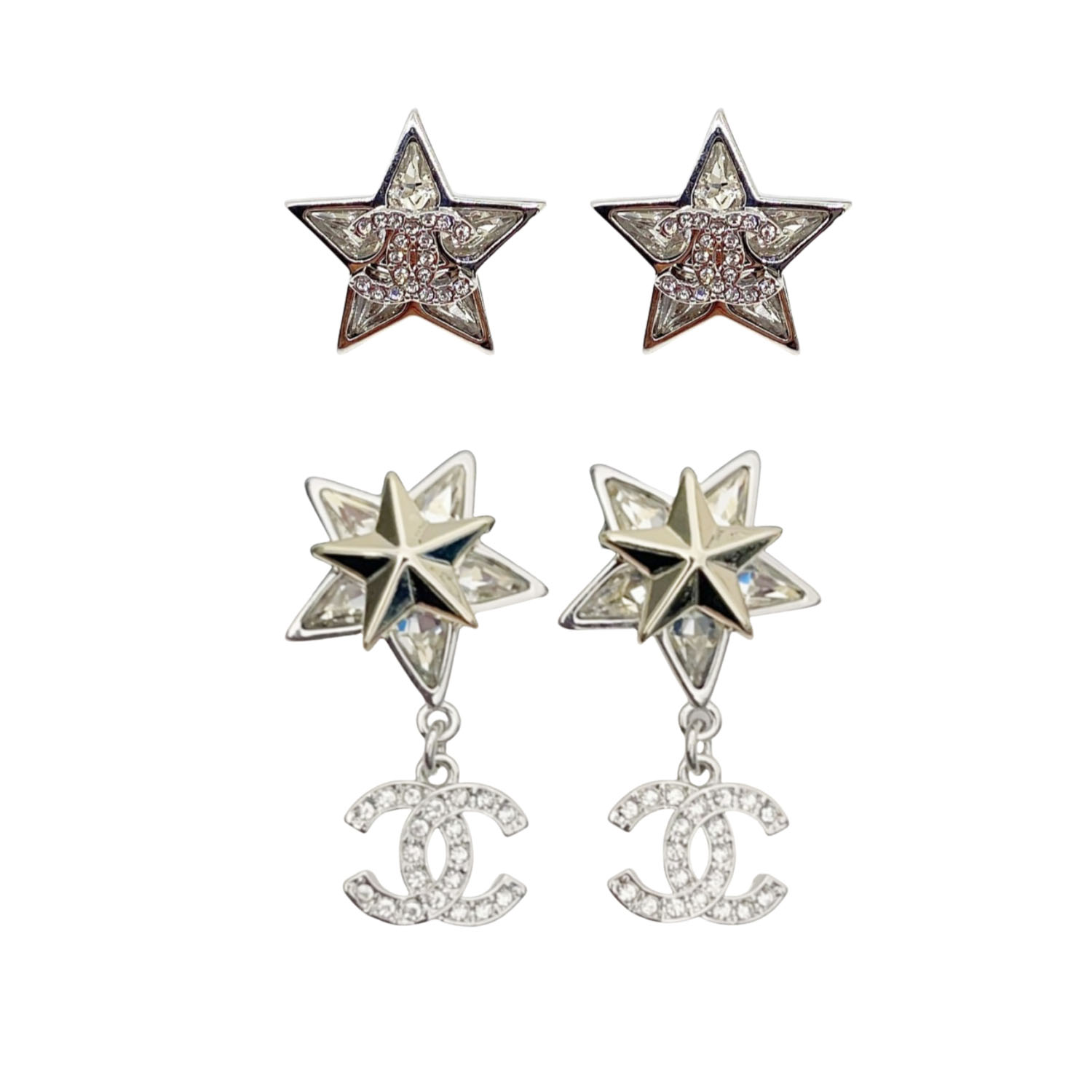 CCE108 Chanel silver crystal star earrings - ccjewelryacc