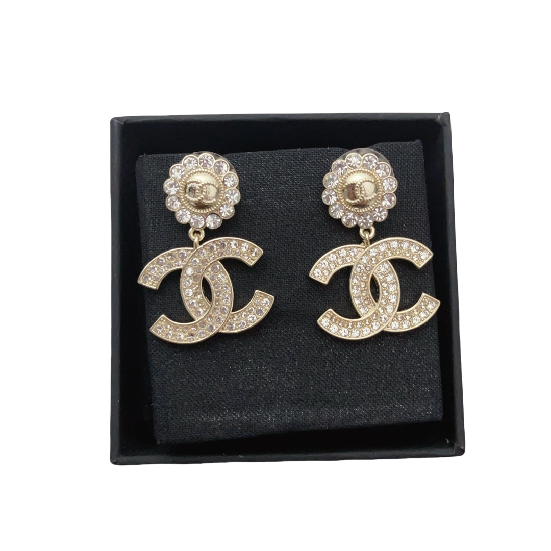 CCE088 Metal crystal and pearls CC logo drop earrings - ccjewelryacc