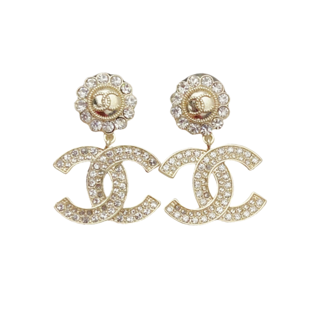 CCE088 Metal crystal and pearls CC logo drop earrings - ccjewelryacc