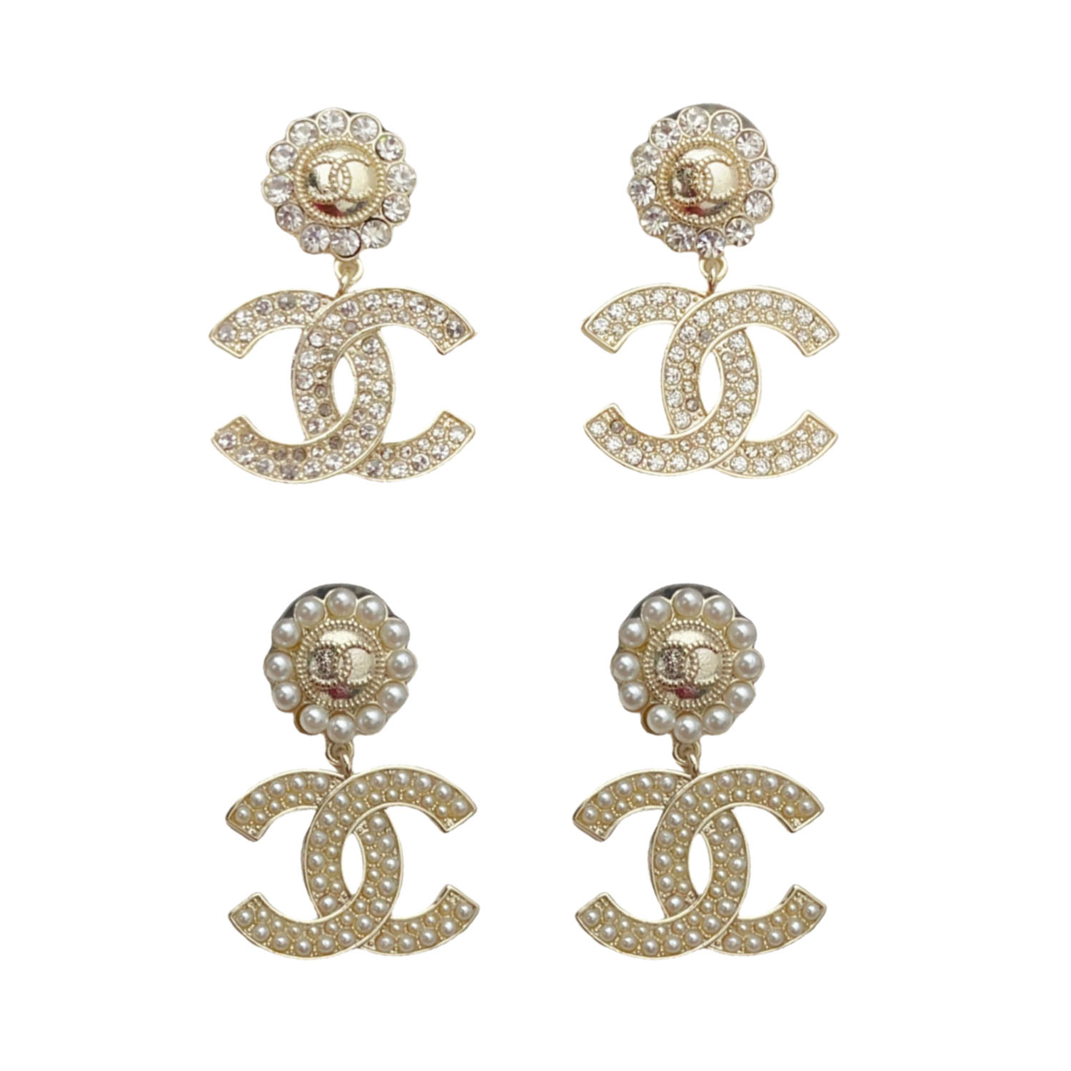 CCE088 Metal crystal and pearls CC logo drop earrings - ccjewelryacc