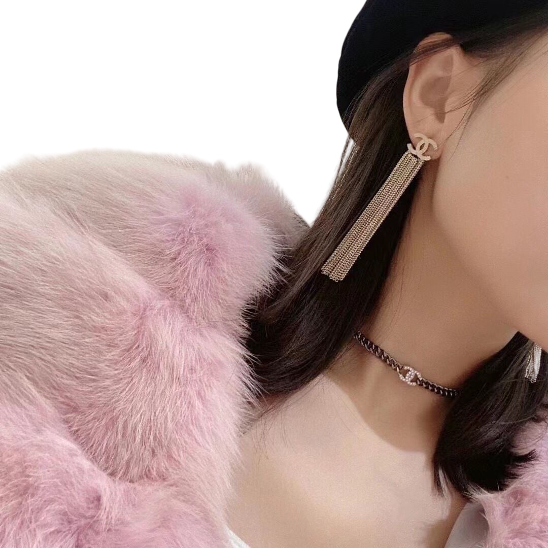 CCE091 Metal CC Logo with chain tassels earring - ccjewelryacc
