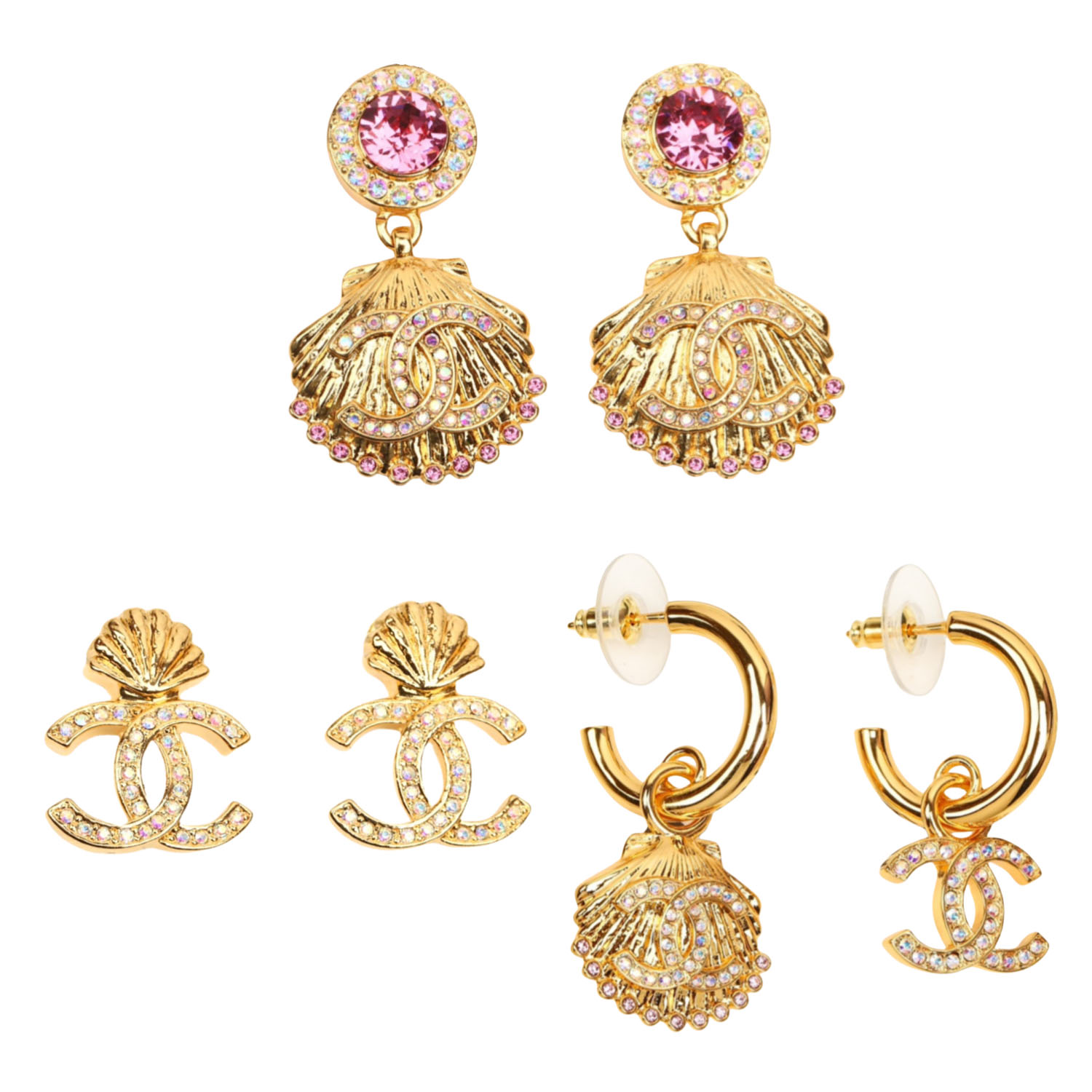 CCE114 Metal gold conch and CC logo earrings with color crystal - ccjewelryacc