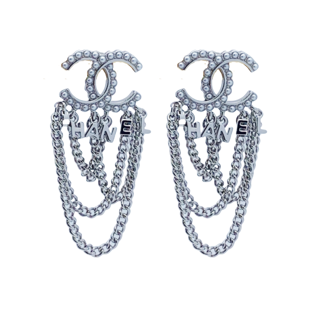 CCE045 Chanel crystal/pearl cc logo with chain tassels earrings - ccfashionjewelry