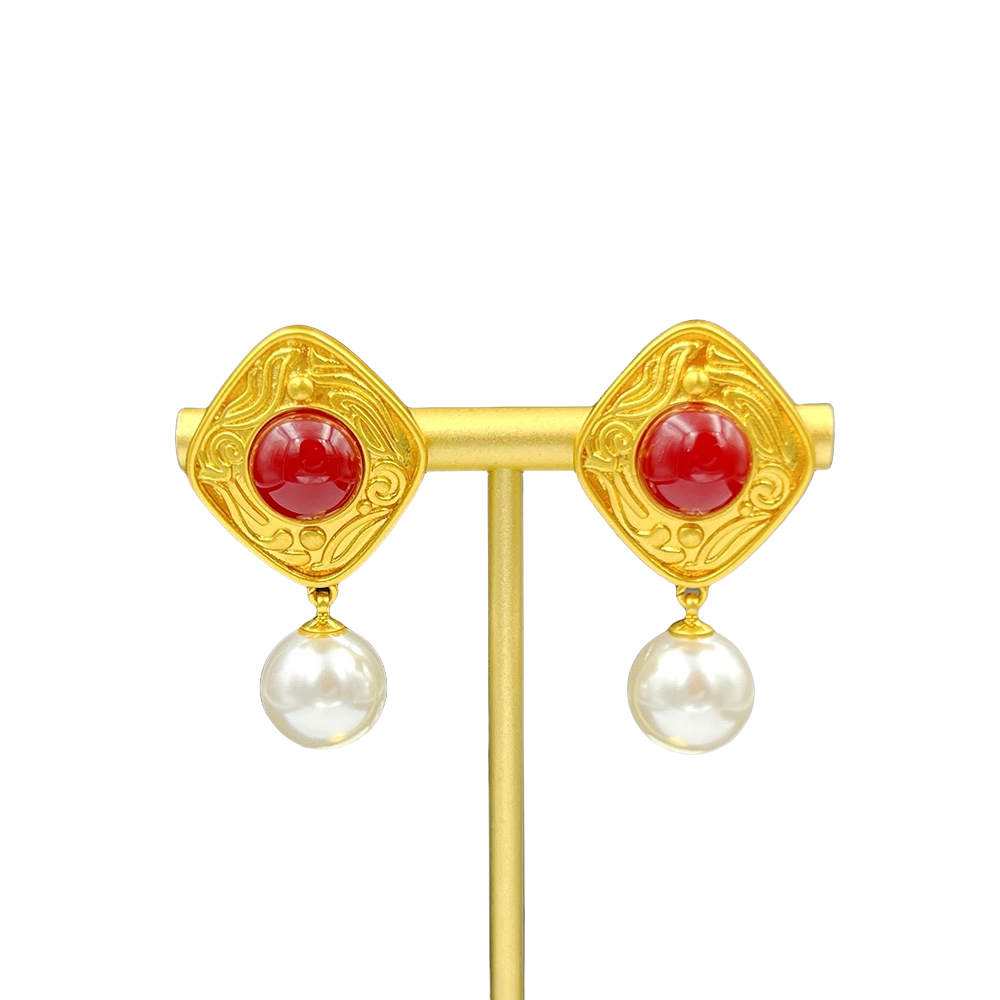 CCE105 Vintage Gold red onyx pearl drop earring - ccjewelryacc