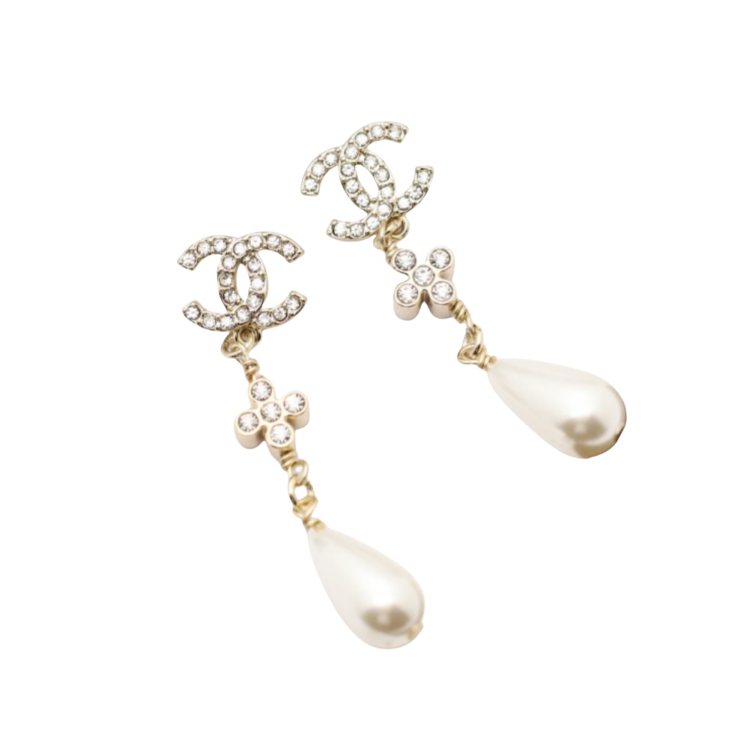 CCE364 Crystal flower and pearl drop earrings - ccjewelryacc