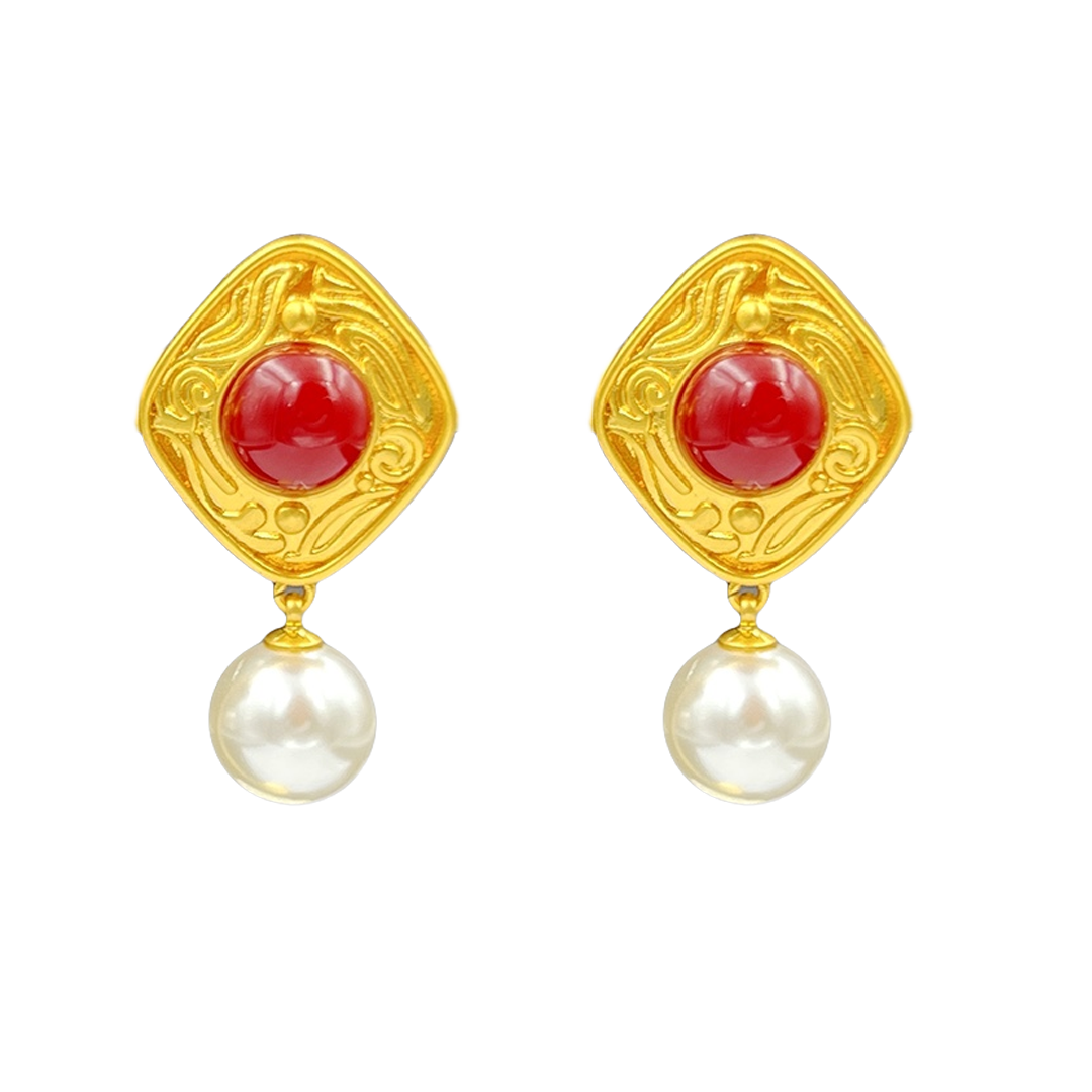 CCE105 Vintage Gold red onyx pearl drop earring - ccjewelryacc