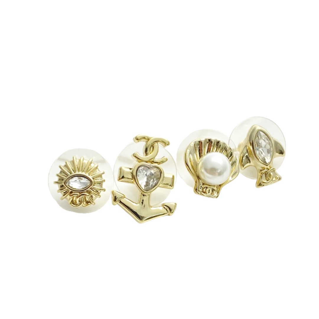 CCE113 25C Asymmetrical anchor shell fish stud earrings set of 4 - ccfashionjewelry