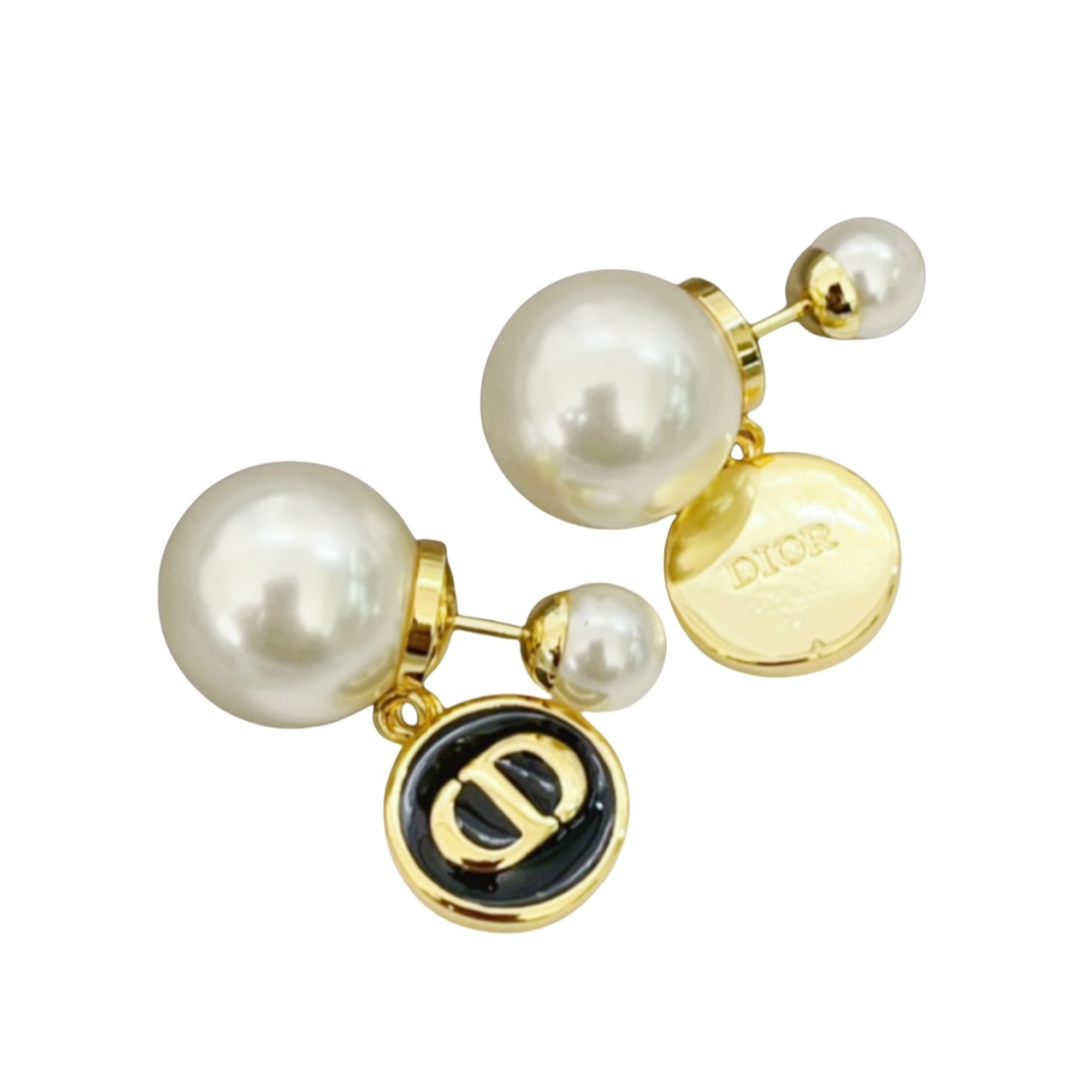 CDE012 Christian Dior Pearl Logo Tribal Earrings Gold Black - ccfashionjewelry