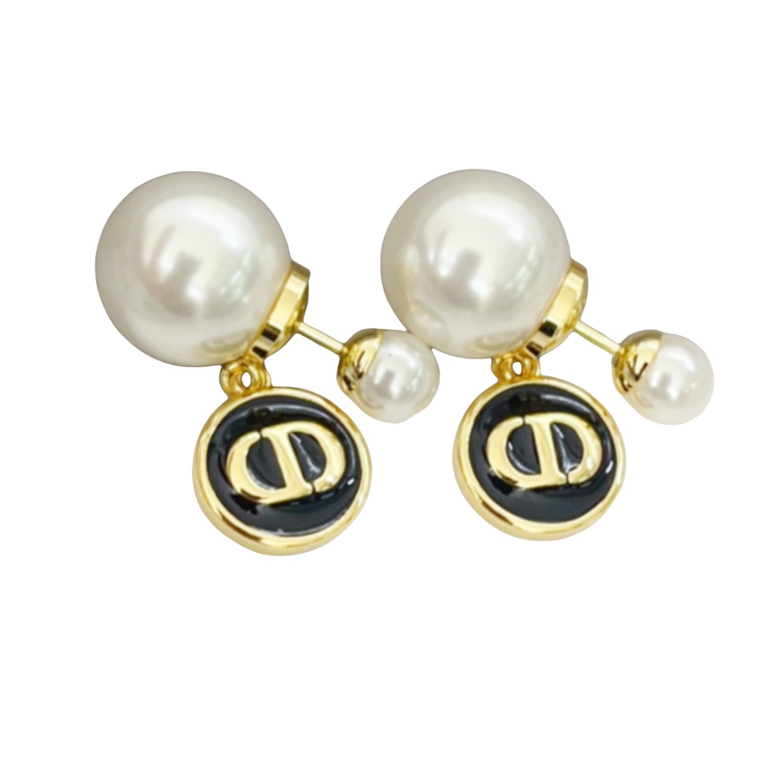 CDE012 Christian Dior Pearl Logo Tribal Earrings Gold Black - ccfashionjewelry