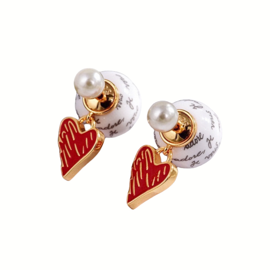 CDE020 Dior Tribales Dioramour pearl and red heart earrings - ccfashionjewelry