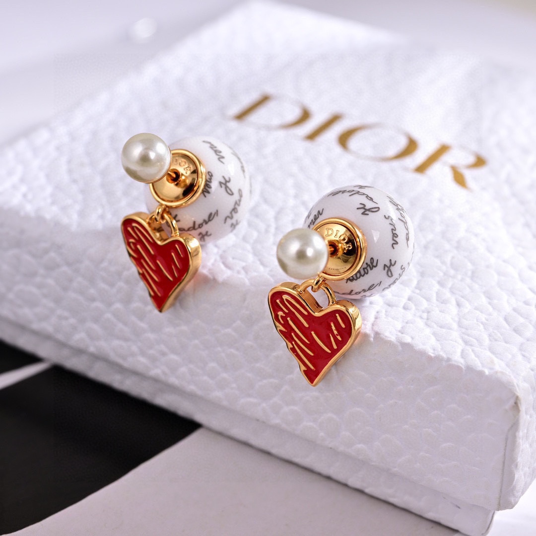 CDE020 Dior Tribales Dioramour pearl and red heart earrings - ccjewelryacc