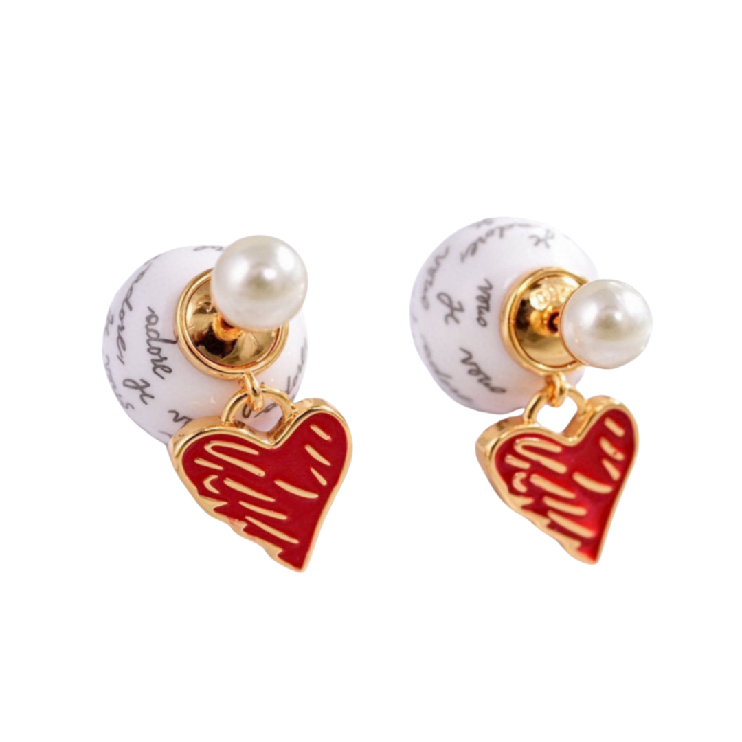 CDE020 Dior Tribales Dioramour pearl and red heart earrings - ccjewelryacc