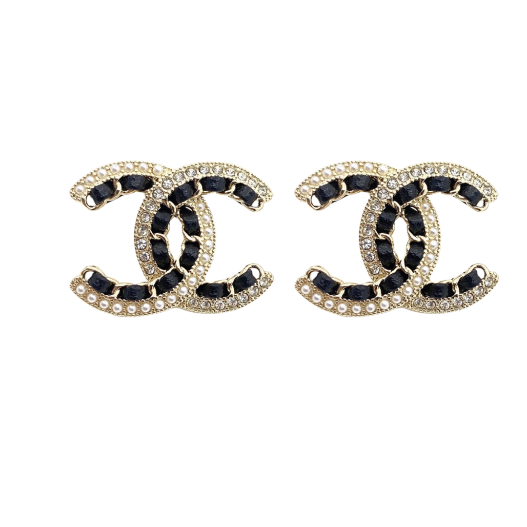 CCE121 Metal leather crystal pearls cc logo stud earrings - ccjewelryacc