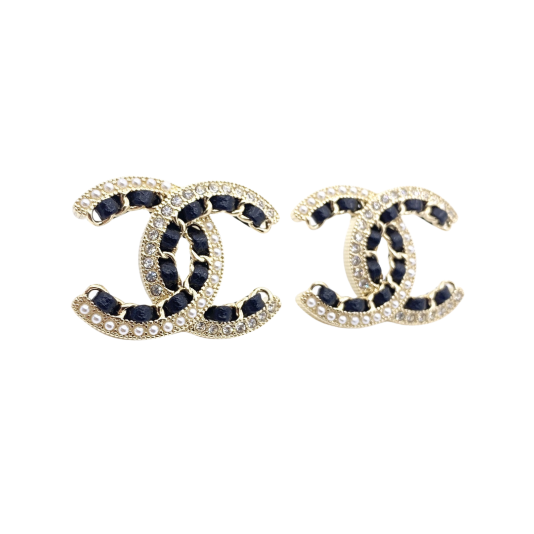 CCE121 Metal leather crystal pearls cc logo stud earrings - ccjewelryacc