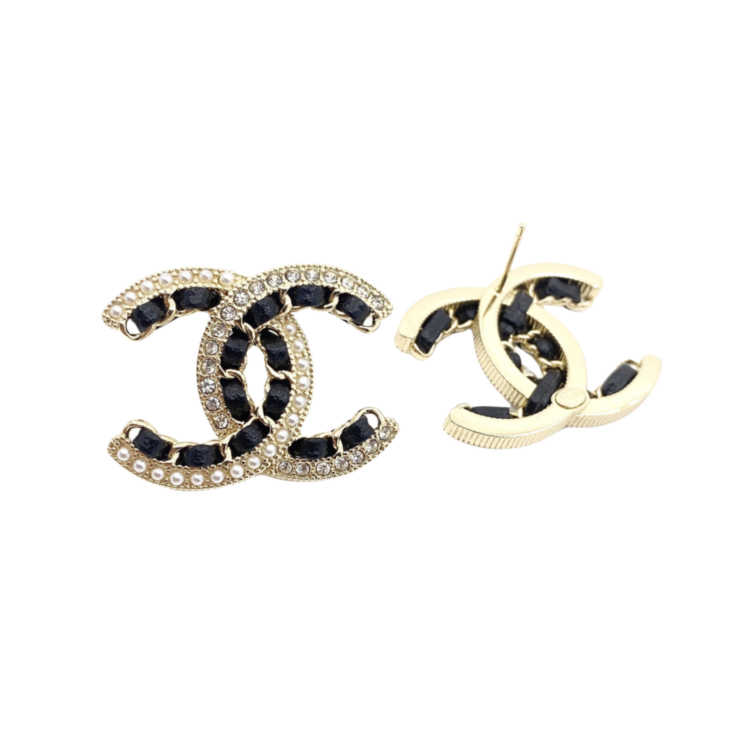 CCE121 Metal leather crystal pearls cc logo stud earrings - ccjewelryacc