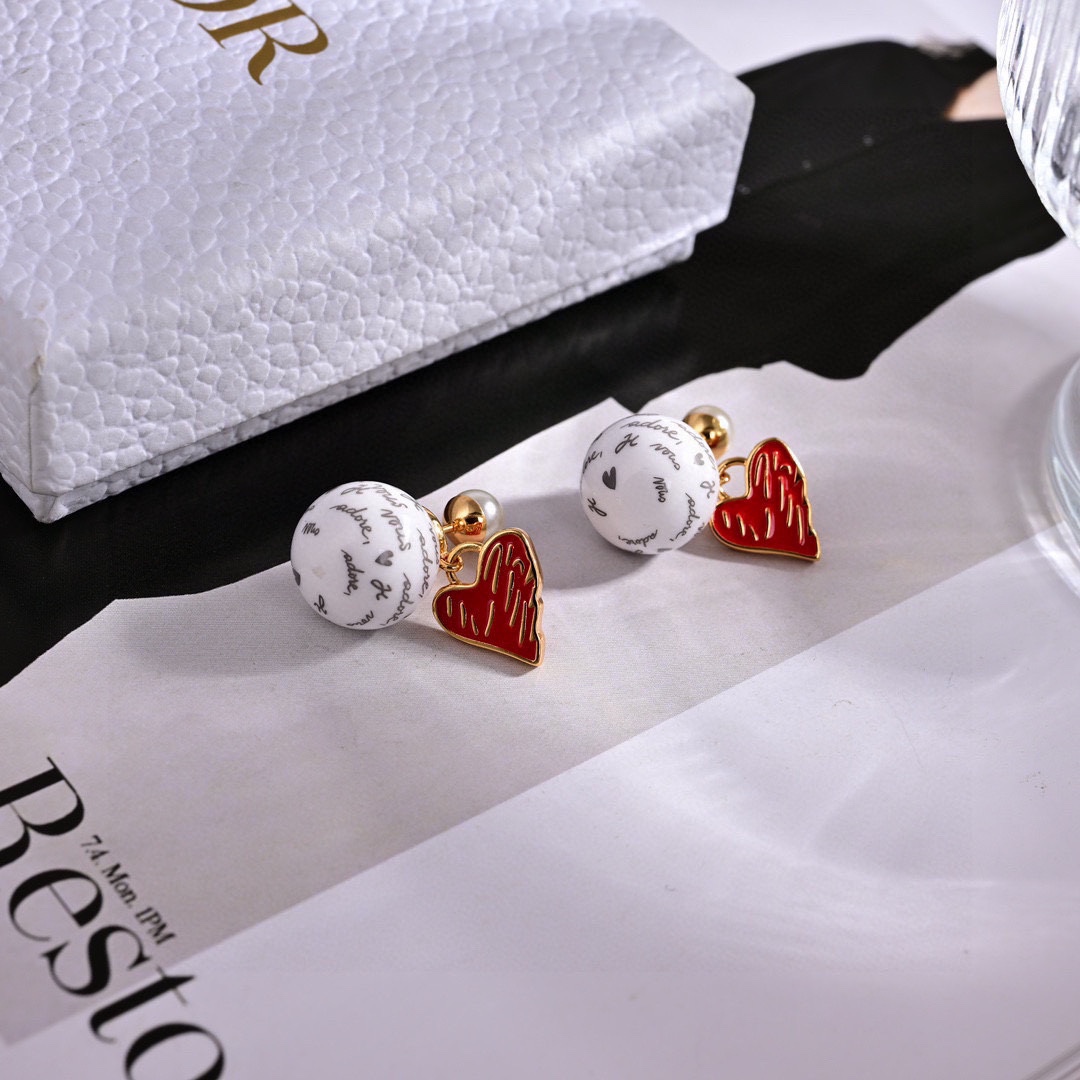 CDE020 Dior Tribales Dioramour pearl and red heart earrings - ccjewelryacc