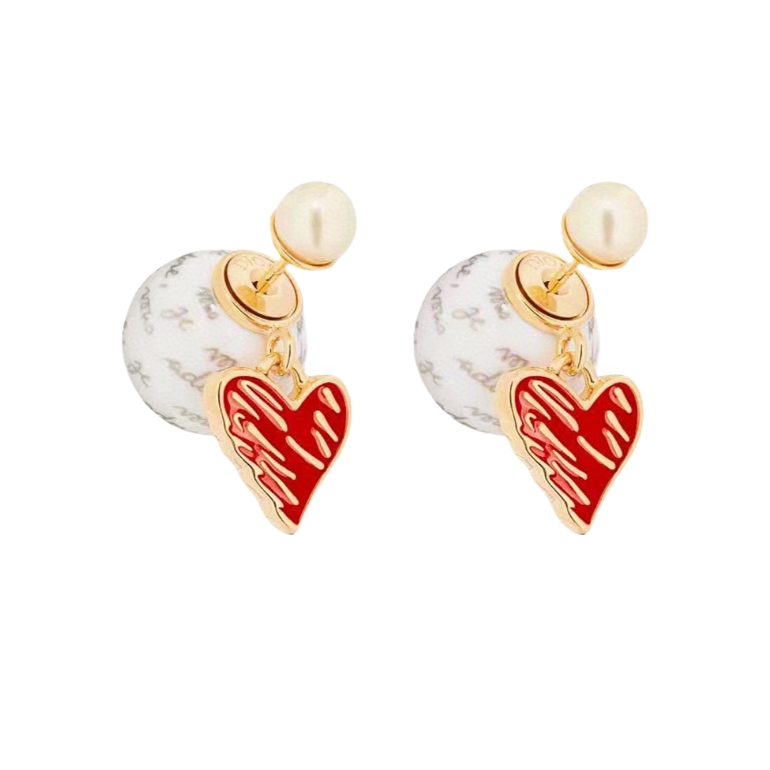 CDE020 Dior Tribales Dioramour pearl and red heart earrings - ccfashionjewelry