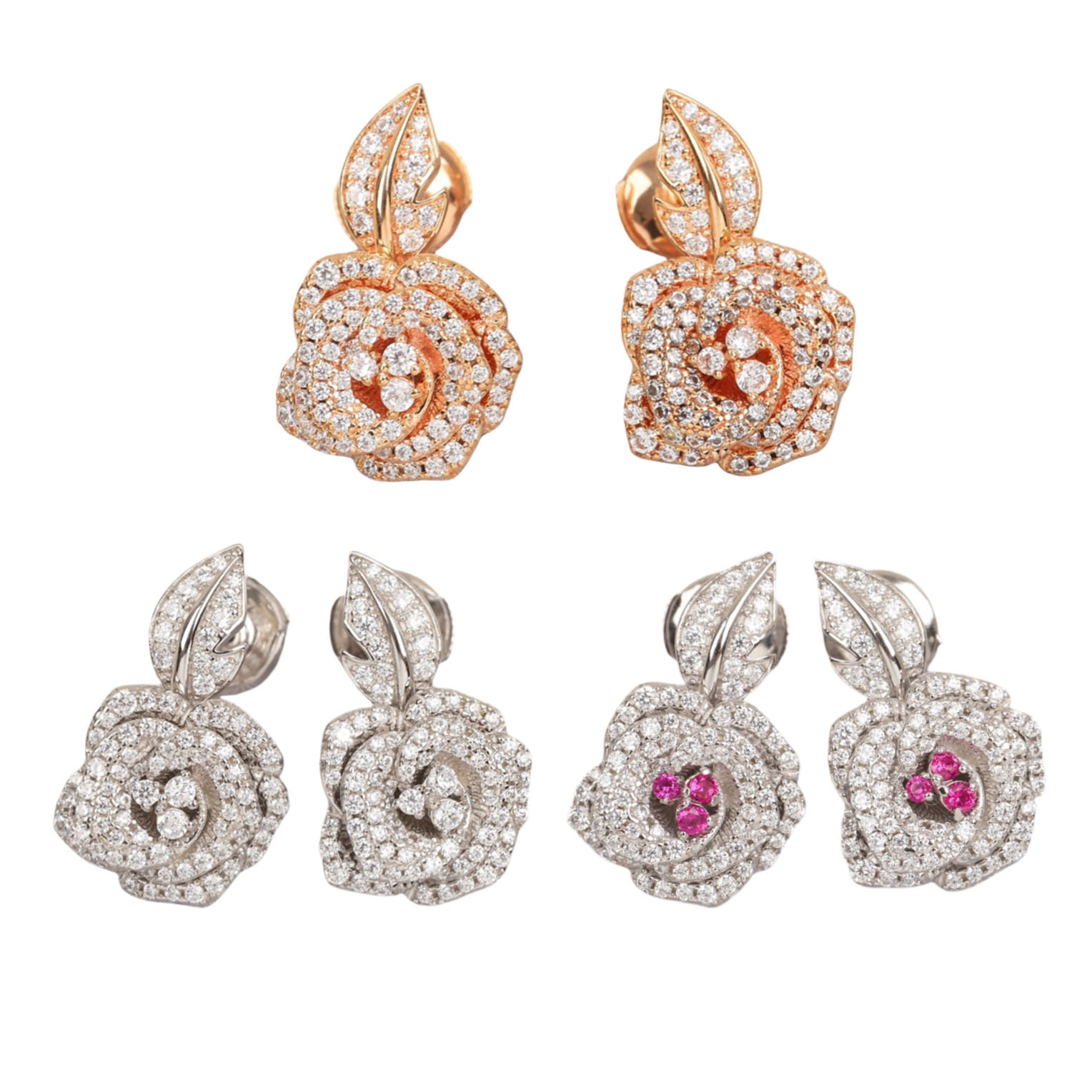 CDEV003 18k White /Rose gold diamond Rose Flower Dior Bagatelle Earrings - ccfashionjewelry