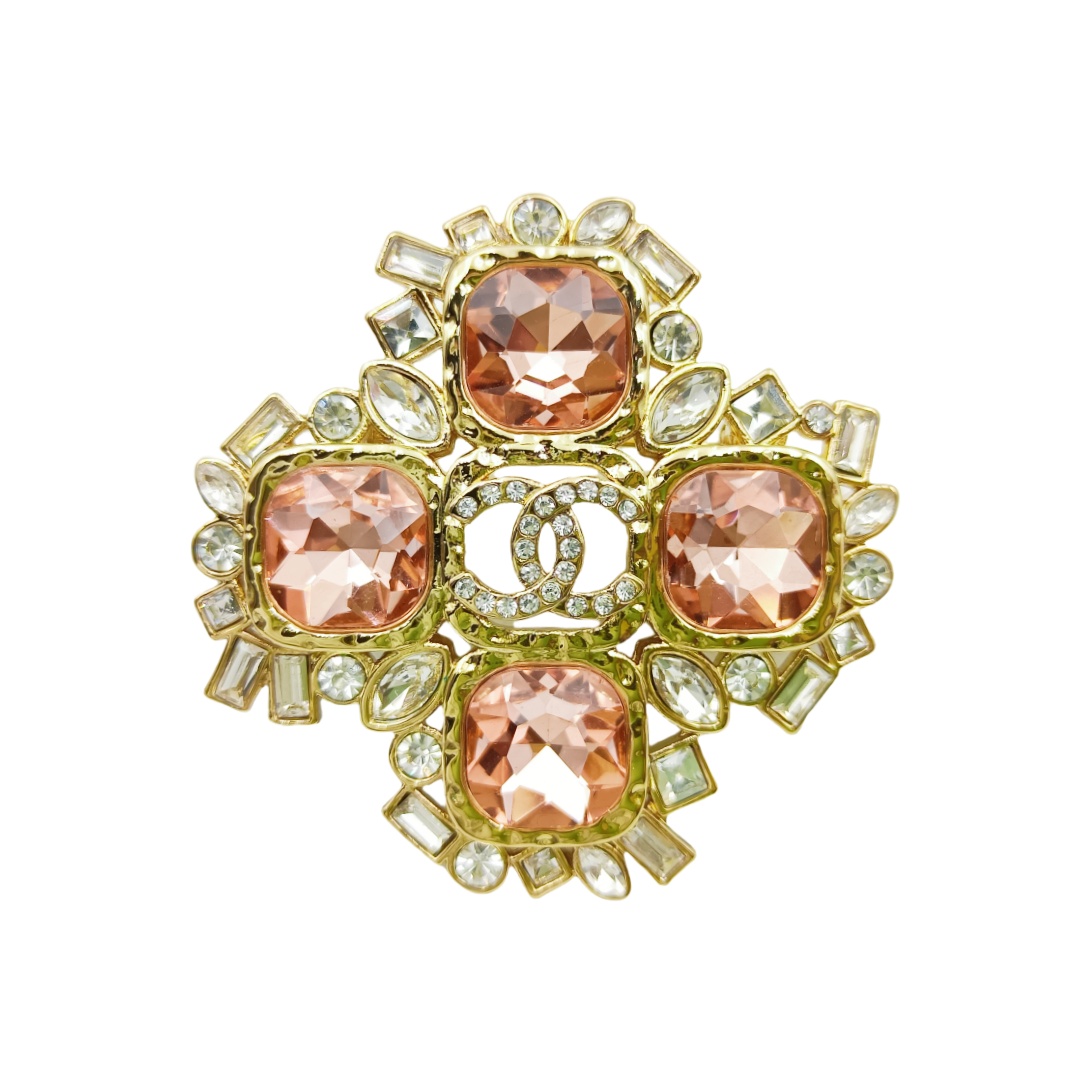 BCB472 Luxury Pink Diamond cross brooch pin with crystal cc logo - ccjewelryacc