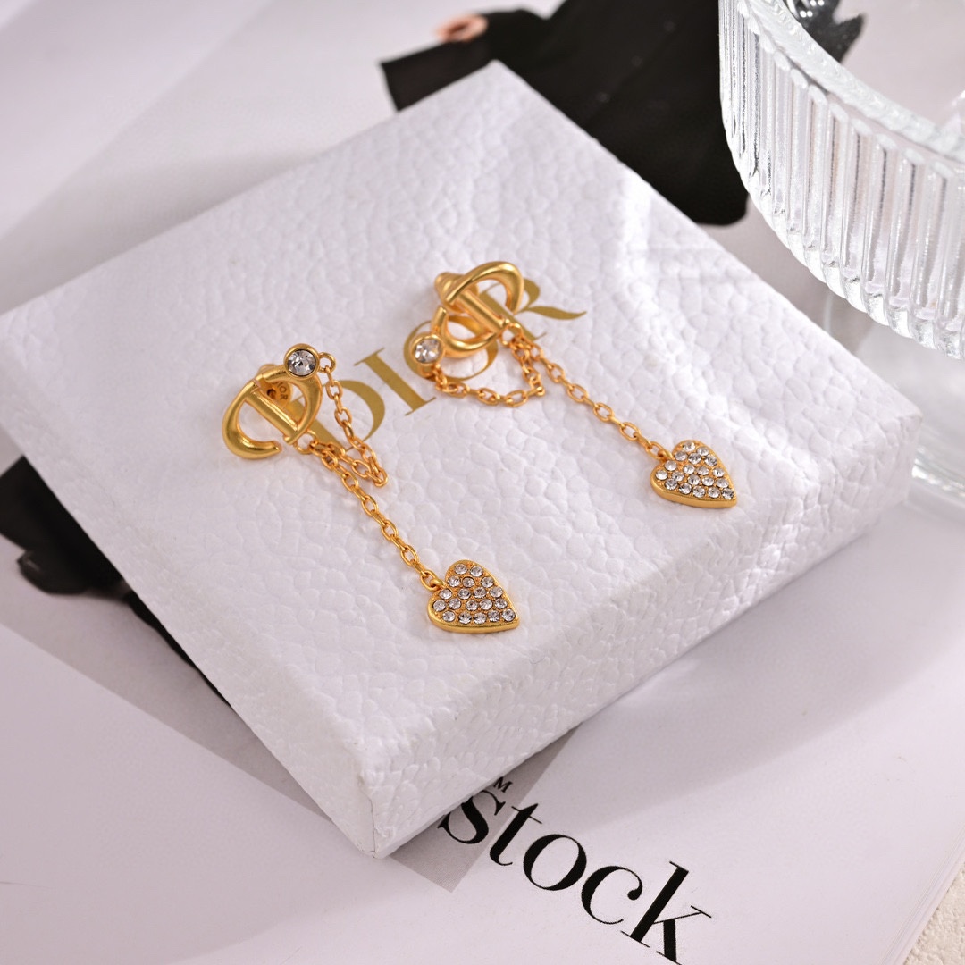 CDE076 Dior crystal heart and chain tassel CD Navy earrings - ccjewelryacc