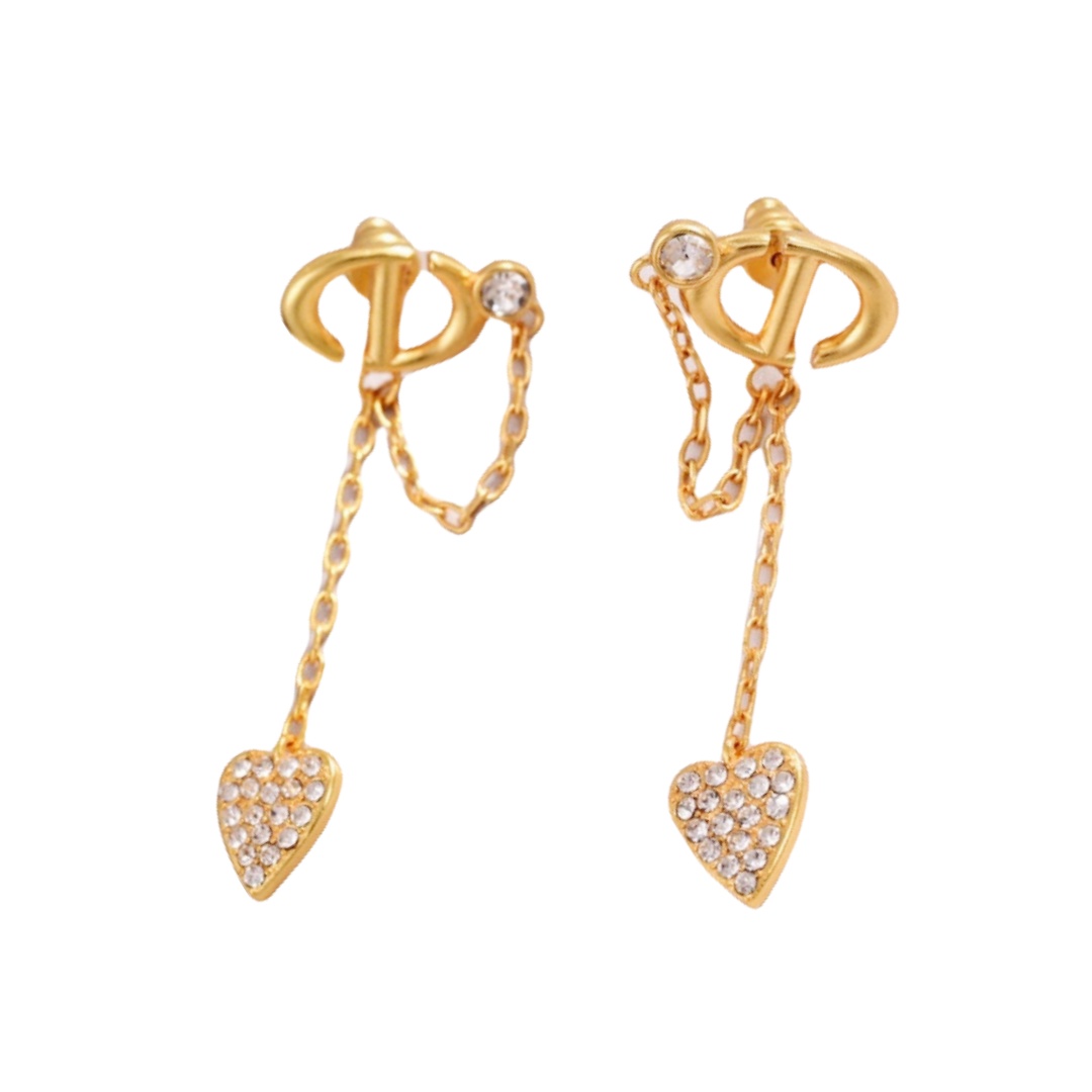 CDE076 Dior crystal heart and chain tassel CD Navy earrings - ccjewelryacc