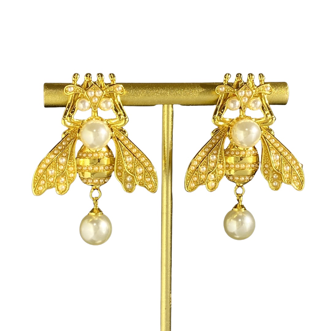 CDE256  Dior Metal pearl bee Tribales earrings - ccjewelryacc